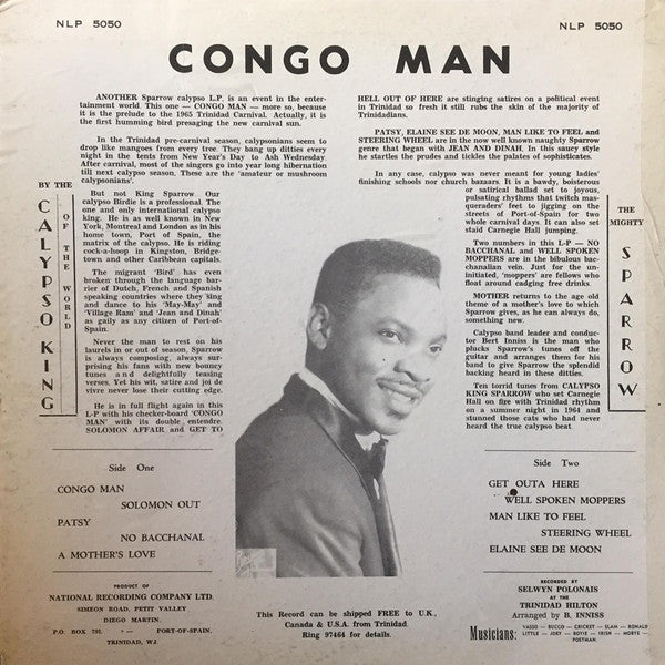 Image of Back Cover of 5124189E: LP - THE MIGHTY SPARROW, Congo Man (National Record Company; NLP 5050, Jamaica 1965) Lots of marks and scuffs, plays above grade. Large stain on sleeve, still looks very nice.  VG/G+