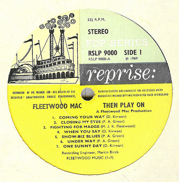 Image of Label Cover of LP - VG/VG+ - FLEETWOOD MAC, Then Play On (Reprise Blue & Yellow Riverboat; RSLP 9000, UK 1969, Gatefold), Just a few very light wipy marks, Glossy vinyl, Clean sleeve, Light wear to edges only. ,  - 1916199C