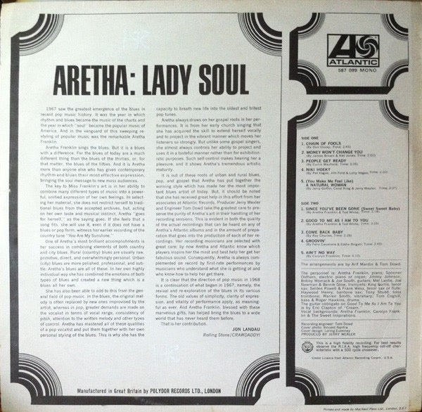 Image of Back Cover of LP - F/F - ARETHA FRANKLIN, Lady Soul (Atlantic Plum & Orange; 587099, UK 1968, Laminated Front Sleeve, Mono), Very marked, plays noisy, could skip. Sleeve is a mess, held together ny tape.,  - 2226274E