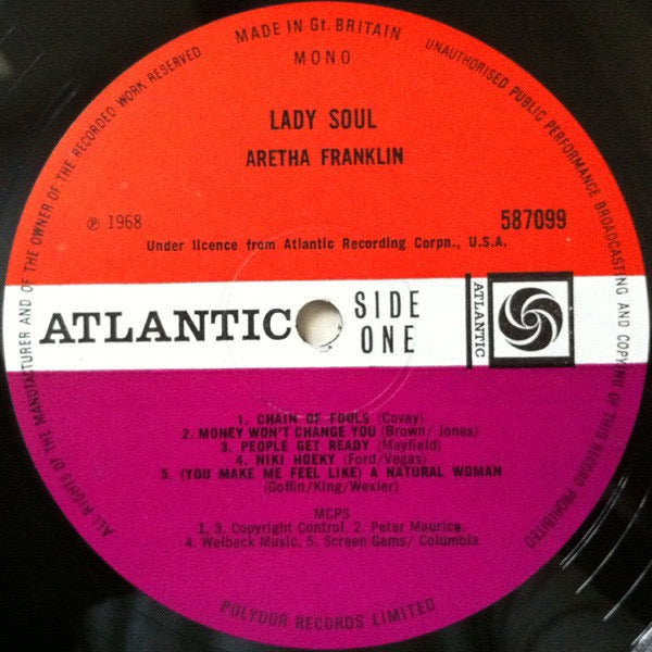 Image of Label Cover of LP - F/F - ARETHA FRANKLIN, Lady Soul (Atlantic Plum & Orange; 587099, UK 1968, Laminated Front Sleeve, Mono), Very marked, plays noisy, could skip. Sleeve is a mess, held together ny tape.,  - 2226274E