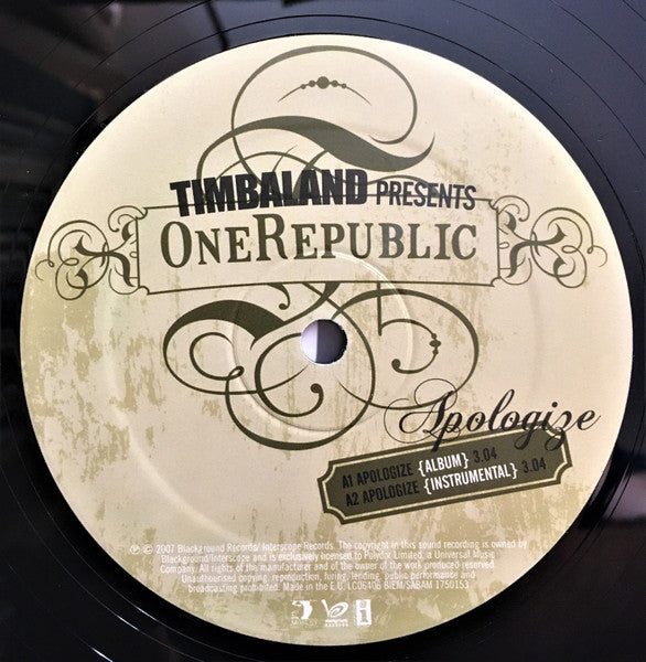 Image of Label Cover of 12" - VG/VG - TIMBALAND PRESENTS ONEREPUBLIC, Apologize (Mosley Music Group ; 1750153, UK 2007, Picture Sleeve, b-side feat Justin Timberlake and Jay-Z), Record mainly has storage scuffs and marks,  - 2816326C
