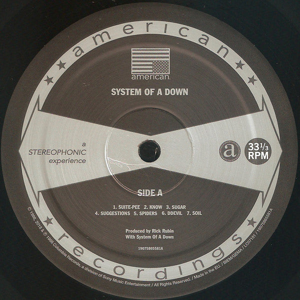 Image of Label Cover of LP - NEW/NEW - SYSTEM OF A DOWN, System Of A Down (American Recordings ; 19075865581, Europe 2018 Reissue, Inner), , With their self-titled debut album, System Of A Down 1998 does it all right. Subtile lyrics, pounding sound and a successful mixture of different music styles from punk to folk to death metal - System Of A Down is just right. Featuring "Sugar", "Spiders".  - 3236105E