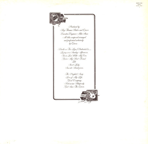 Image of Back Cover of 5144004S: LP - QUEEN, A Night At The Opera (EMI; EMTC 103, UK 1975, Embossed Gatefold Sleeve, Inner With 3 Cut Corners, Side 1 YAX 5063-4 / Side 2 YAX 5064-3 & Blairs)   VG/VG+