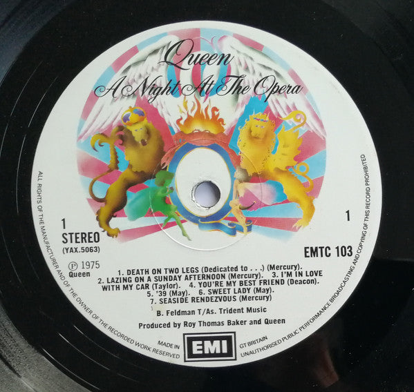 Image of Label Cover of 5144004S: LP - QUEEN, A Night At The Opera (EMI; EMTC 103, UK 1975, Embossed Gatefold Sleeve, Inner With 3 Cut Corners, Side 1 YAX 5063-4 / Side 2 YAX 5064-3 & Blairs)   VG/VG+