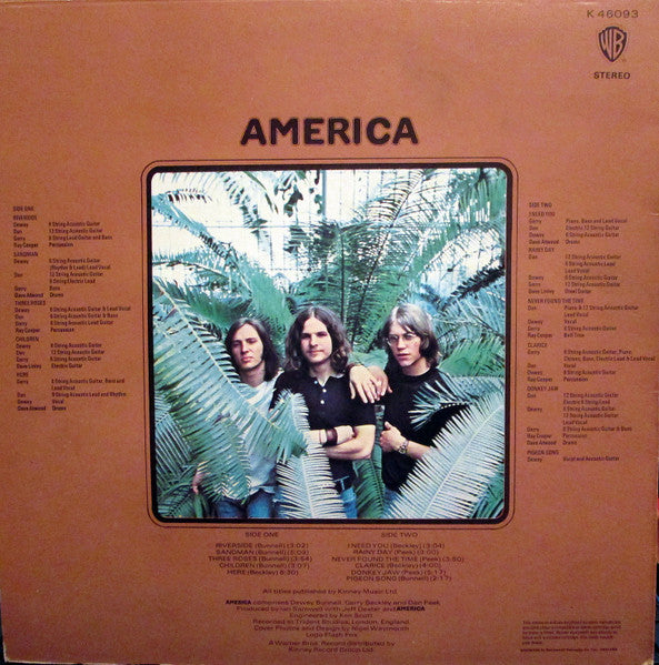 Image of Back Cover of LP - VG/VG - AMERICA, America (Warner Bros. Records Green Labels; K 46093, UK 1971), Strong VG,  - 4316613C