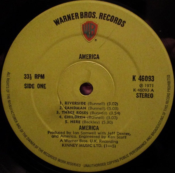 Image of Label Cover of LP - VG/VG - AMERICA, America (Warner Bros. Records Green Labels; K 46093, UK 1971), Strong VG,  - 4316613C
