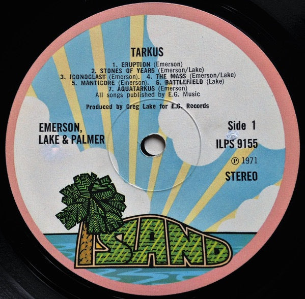 Image of Label Cover of LP - VG/VG - EMERSON, LAKE & PALMER, Tarkus (Island Pink Rim; ILPS 9155, UK 1971, Gatefold Howards Printers Sleeve, Side 1 / Side 2 On Labels.), Strong VG - a few light marks, edge & ring wear,  - 2646007S