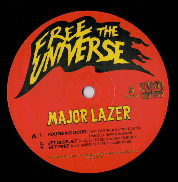 Image of Label Cover of LP - G+/VG+ - MAJOR LAZER, Free The Universe (Because Music ; BEC5161368, France 2013, Gatefold, Insert, Includes CD, plus 'Lazer Strikes Back' promo CDr.), Inners & insert are wrinkled, so may have been wet at some point. Seam split to sleeve.,  - 3926039E