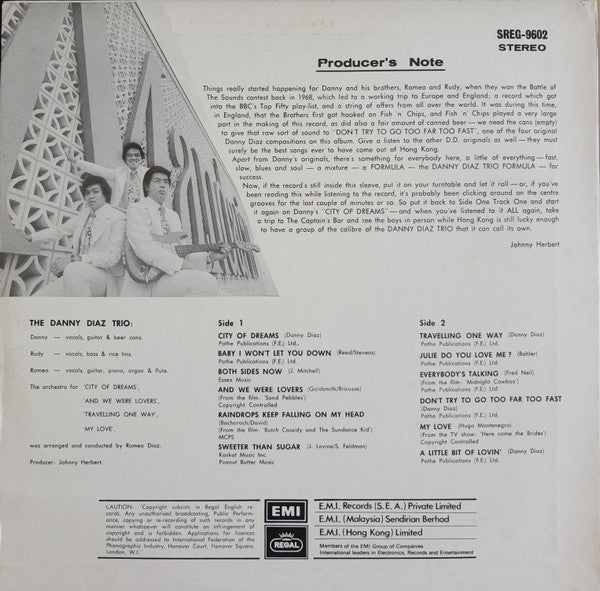 Image of Back Cover of 2924283E: LP - DANNY DIAZ TRIO, The DDT Formula (Regal ; SREG-9602, Singapore, Malaysia & Hong Kong 1971) Sleeve has creasing, edgewear, pen writing on the back. Vinyl has light marks.  G+/VG