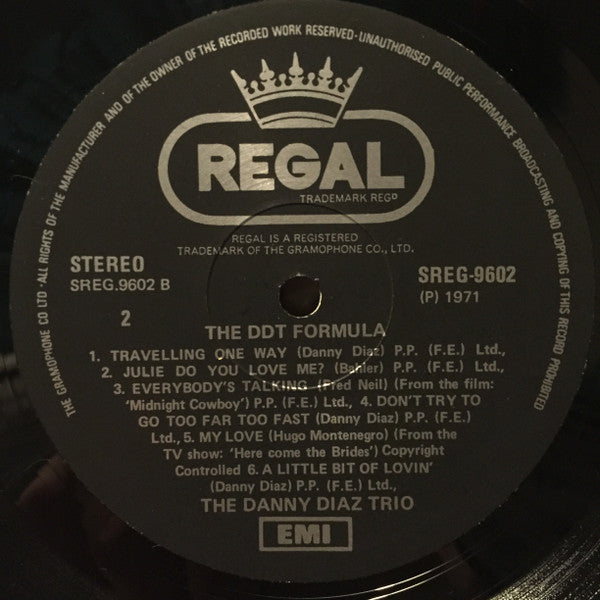 Image of Label Cover of 2924283E: LP - DANNY DIAZ TRIO, The DDT Formula (Regal ; SREG-9602, Singapore, Malaysia & Hong Kong 1971) Sleeve has creasing, edgewear, pen writing on the back. Vinyl has light marks.  G+/VG