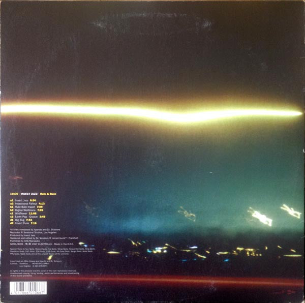 Image of Back Cover of 2xLP - VG/VG - INSECT JAZZ, Hum & Buzz (Elektrolux ; e1000, Europe 1997, Gatefold), Records have storage marks and scuffs, plus small pieces of card glued into run-in (doesn't affect play). Small rips at corners of die-cut loading flaps on inside of gatefold. Some dents at edges; a sticker ghost / stain,  - 4216381C