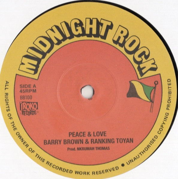 Image of Label Cover of 12" - EX/EX - BARRY BROWN & RANKING TOYAN / JAH THOMAS, Peace & Love / Adapter Chapter (Midnight Rock / Iroko Records; BB100, France 2019 Reissue, Company Sleeve), ,  - 3216108C