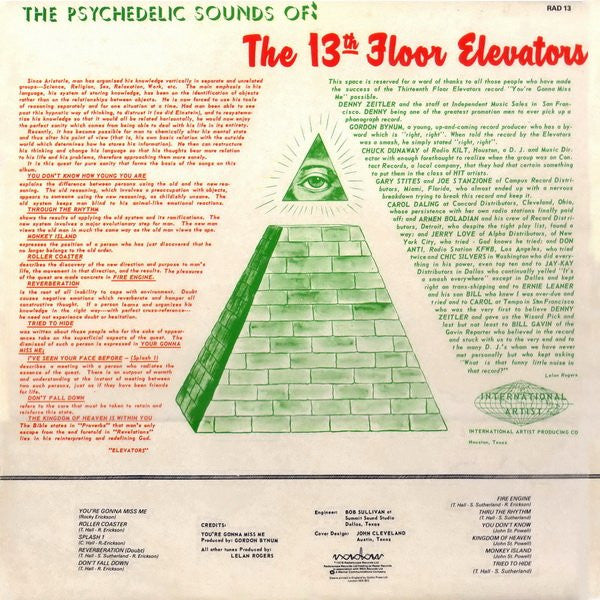 Image of Back Cover of 0125441E: LP - THE 13TH FLOOR ELEVATORS, The Psychedelic Sounds of the 13th Floor Elevators (Radar; RAD13, UK 1978 Reissue) Light marks on the vinyl. Sleeve has a little edge and ringwear and a few small creases.  VG/VG