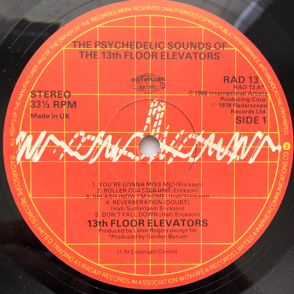 Image of Label Cover of 0125441E: LP - THE 13TH FLOOR ELEVATORS, The Psychedelic Sounds of the 13th Floor Elevators (Radar; RAD13, UK 1978 Reissue) Light marks on the vinyl. Sleeve has a little edge and ringwear and a few small creases.  VG/VG