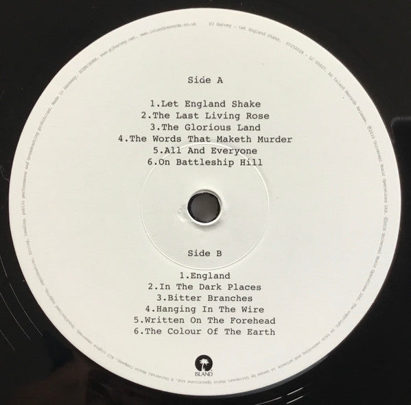 Image of Label Cover of LP - VG+/EX - P J HARVEY, Let England Shake (Island Records; 0725402, UK 2022 Reissue, Inner, 180 Gram Vinyl), Opened Instore, Still In Stickered Shrinkwrap, Inner Split,  - 2826103E