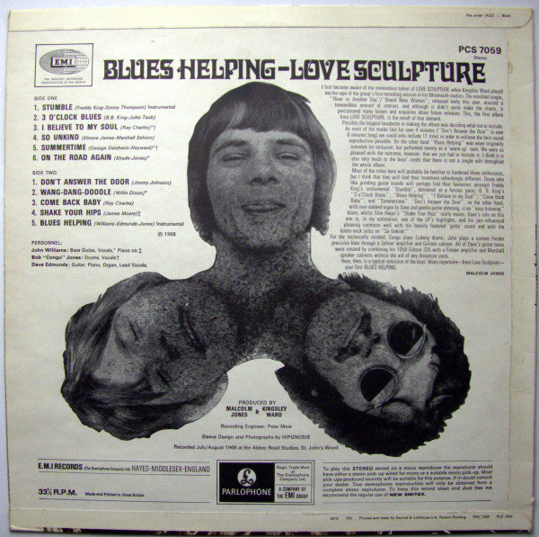 Image of Back Cover of LP - VG+/VG - LOVE SCULPTURE, Blues Helping (Parlophone Black/Yellow; PCS7059, UK 1968, Laminated Flipback Sleeve, Stereo), ,  - 1726198E