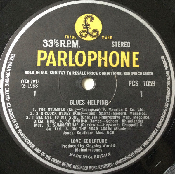 Image of Label Cover of LP - VG+/VG - LOVE SCULPTURE, Blues Helping (Parlophone Black/Yellow; PCS7059, UK 1968, Laminated Flipback Sleeve, Stereo), ,  - 1726198E