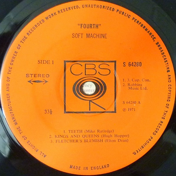 Image of Label Cover of LP - VG+/VG - SOFT MACHINE, Fourth (CBS Orange Labels; S 64280, UK 1970s Reissue, Thin Card Textured Embossed Sleeve), Strong VG,  - 1516106C