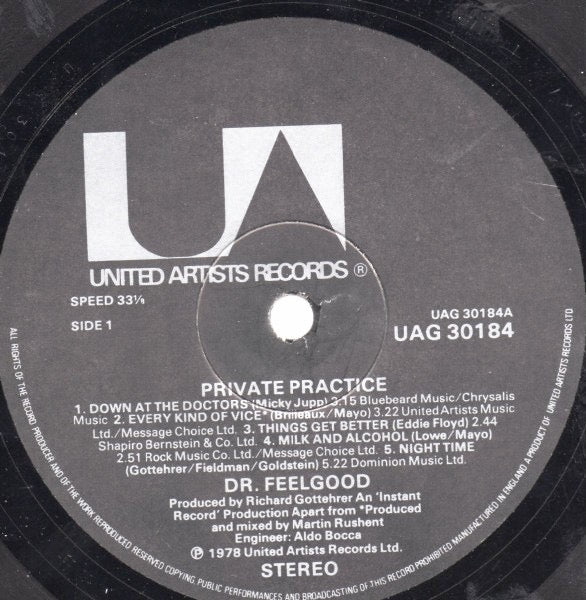 Image of Label of 1014125C: LP - DR FEELGOOD, Private Practice (UA; UAG30184, UK 1978, Inner) Strong VG  VG+/VG