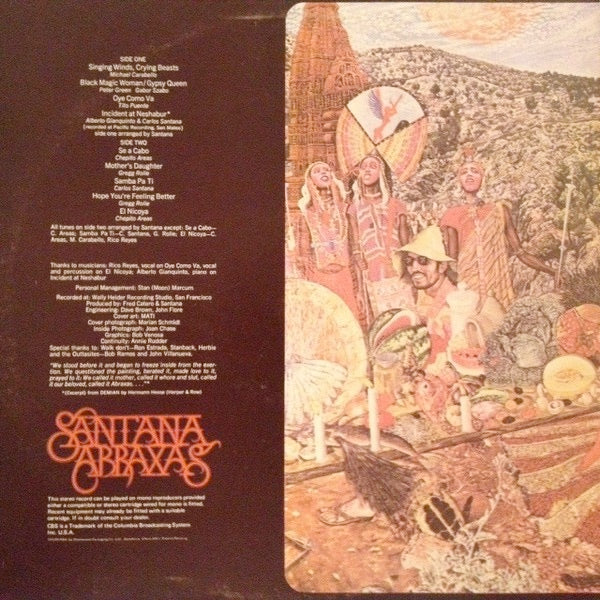 Image of Back Cover of LP - VG/VG - SANTANA, Abraxas (CBS Orange/Yellow; S 64087, UK , Made In England at Bottom of Label), Sticker Damage To Sleeve,  - 3126058E