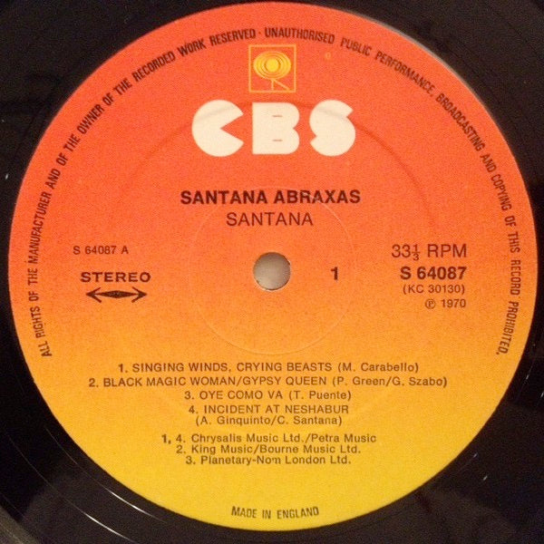 Image of Label Cover of LP - VG/VG - SANTANA, Abraxas (CBS Orange/Yellow; S 64087, UK , Made In England at Bottom of Label), Sticker Damage To Sleeve,  - 3126058E