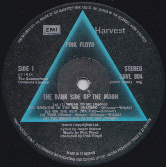 Image of Label Cover of LP - VG/VG - PINK FLOYD, The Dark Side Of The Moon (Harvest, EMI On Label Rim; SHVL 804, UK 1989 Reissue, Gatefold, 2 Posters & 2 Stickers, Barcode), ,  - 2626212E