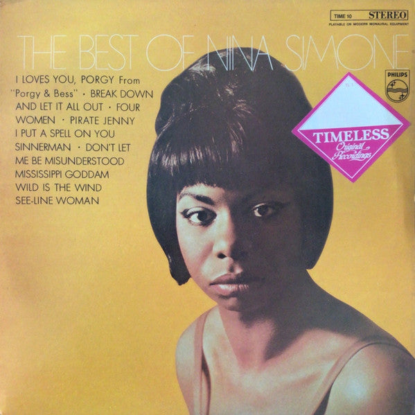 Image of Front Cover of 5144030S: LP - NINA SIMONE, Best of (Philips; TIME10, UK 1985 Reissue, Picture Sleeve) Strong G+. Hairlines and surface marks, plays well with slight surface noise. Corner wear, ring wear, creasing and a hole/tear through the sleeve, bottom right corner. Sticker damage on label.  VG/G+