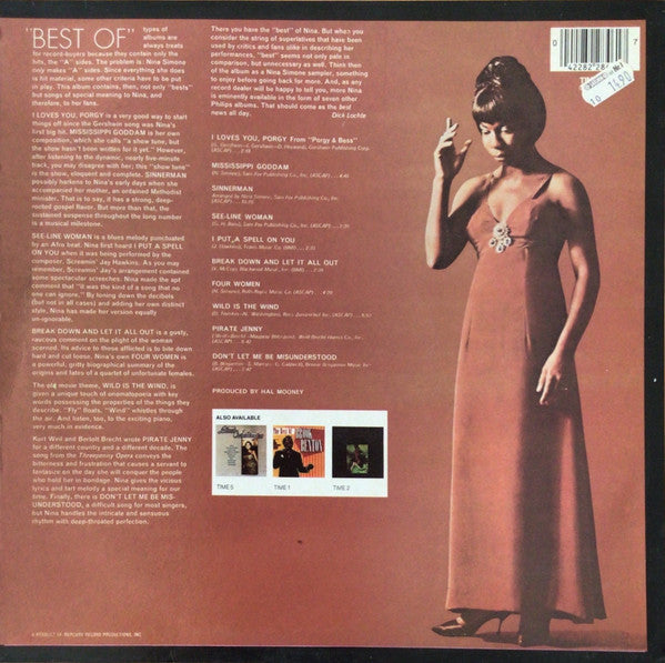 Image of Back Cover of 5144030S: LP - NINA SIMONE, Best of (Philips; TIME10, UK 1985 Reissue, Picture Sleeve) Strong G+. Hairlines and surface marks, plays well with slight surface noise. Corner wear, ring wear, creasing and a hole/tear through the sleeve, bottom right corner. Sticker damage on label.  VG/G+