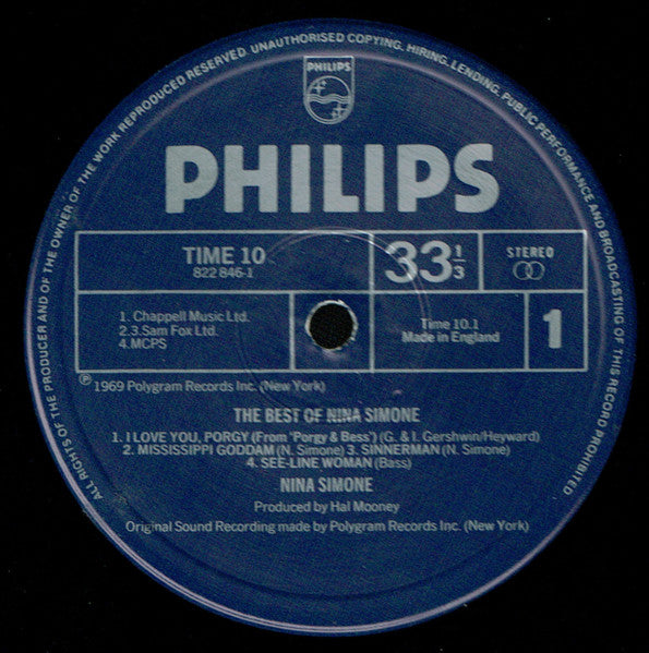 Image of Label Cover of 5144030S: LP - NINA SIMONE, Best of (Philips; TIME10, UK 1985 Reissue, Picture Sleeve) Strong G+. Hairlines and surface marks, plays well with slight surface noise. Corner wear, ring wear, creasing and a hole/tear through the sleeve, bottom right corner. Sticker damage on label.  VG/G+