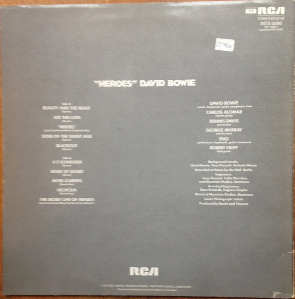 Image of Back Cover of 3524396E: LP - DAVID BOWIE, Heroes (RCA International Green; INTS5066, UK 1980s Reissue, No Insert)   VG/VG+