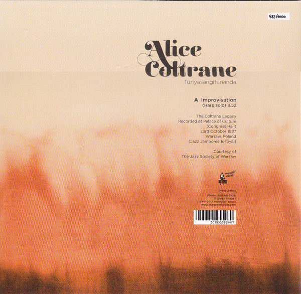 Image of Back Cover of 2324078E: LP - ALICE COLTRANE = TURIYASANGITANANDA, Improvised Harp Solo (Moochin' About ; MOOCHIN15, UK & Europe 2017, Picture Sleeve, Numbered Limited Edition, Single Sided.) SEALED, Creased Sleeve.  VG/EX