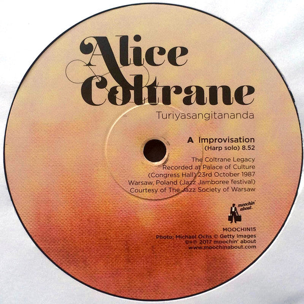 Image of Label Cover of 2324078E: LP - ALICE COLTRANE = TURIYASANGITANANDA, Improvised Harp Solo (Moochin' About ; MOOCHIN15, UK & Europe 2017, Picture Sleeve, Numbered Limited Edition, Single Sided.) SEALED, Creased Sleeve.  VG/EX