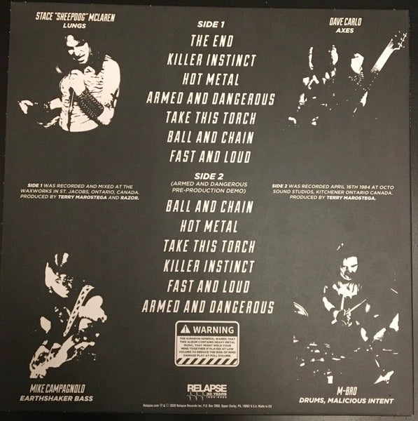 Image of Back Cover of 1334181E: LP - RAZOR, Armed And Dangerous (Relapse Records ; RR7475, US 2021 Reissue, Insert)   NEW/NEW