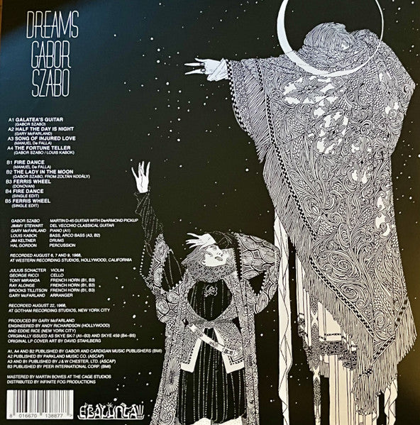 Image of Back Cover of LP - NEW/NEW - GABOR SZABO, Dreams (Ebalunga!!! ; EBL-003LP, Austria 2021 Reissue, Gatefold, Clear Vinyl, Ltd Ed. of 700, Bonus Tracks), , The long-awaited reissue of the best ever album of rare Eastern and psychedelic Jazz music by this famous Hungarian guitarist Gabor Szabo, originally released in 1968. Gabor Szabo was one of the most original guitarists to emerge in the 1960s, mixing his Hungarian folk music heritage with a deep love of jazz and crafting a distinctive, largely self