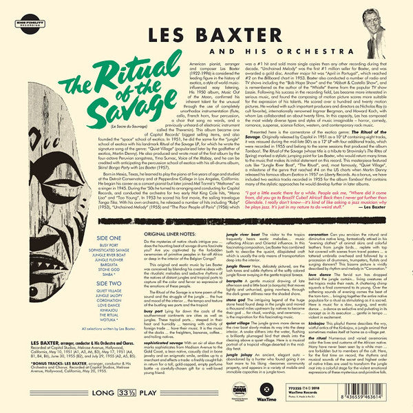 Image of Back Cover of 3854060S: LP - LES BAXTER AND HIS ORCHESTRA, Ritual Of The Savage (Le Sacre Du Sauvage) (WaxTime In Color ; 950697, Europe 2021 Reissue, Yellow Vinyl)   NEW/NEW