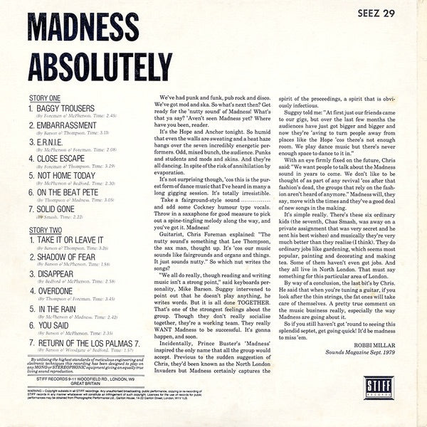 Image of Back Cover of LP - VG/VG - MADNESS, Absolutely (Stiff Records ; SEEZ 29, UK 1980, Laminated Front Sleeve, Inner), Spine and edge wear ,  - 2126221E
