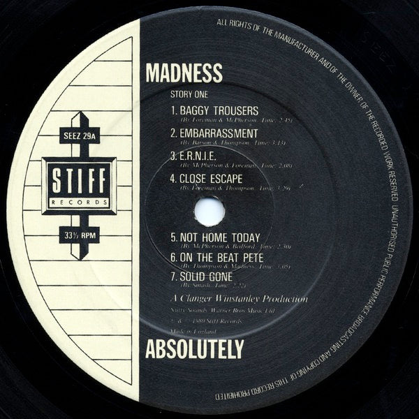 Image of Label Cover of LP - VG/VG - MADNESS, Absolutely (Stiff Records ; SEEZ 29, UK 1980, Laminated Front Sleeve, Inner), Spine and edge wear ,  - 2126221E