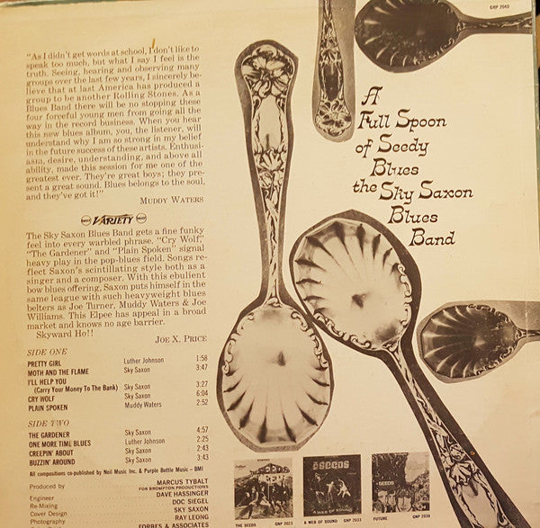 Image of Back Cover of LP - F/VG - SKY SAXON BLUES BAND, A Full Spoon Of Seedy Blues (GNP Crescendo; GNP 2040, US 1967), No 'Mono' on sleeve or labels. Sleeve has heavy ring and edgewear, patch of front cover image missing, writing, tape, generally a mess.,  - 3926319E
