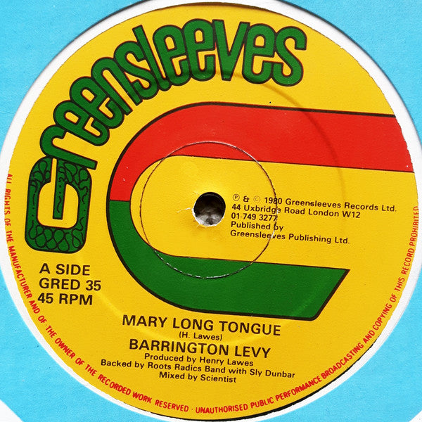 Image of Front Cover of 12" - VG/VG+ - BARRINGTON LEVY, Mary Long Tongue / Look Youthman (Greensleeves Records; GRED 35, UK 1980, Company Sleeve), Clean copy. Writing On Sleeve,  - 3826324E