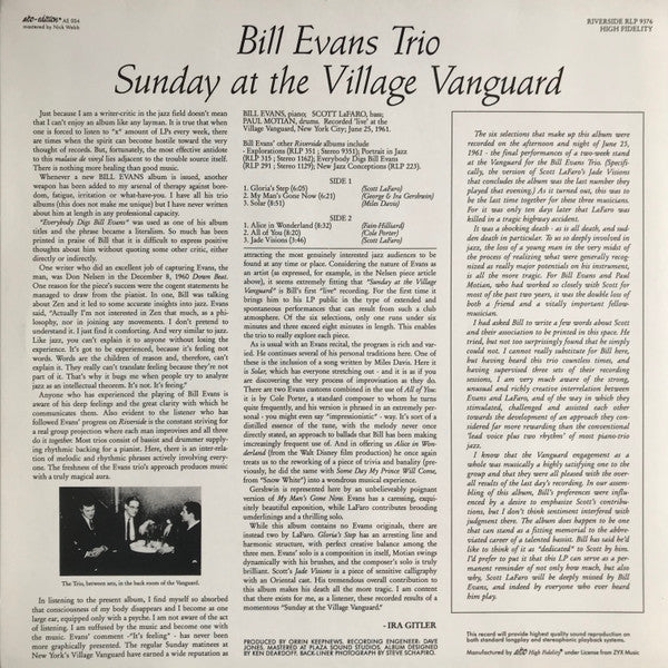 Image of Back Cover of 3814189C: LP - BILL EVANS TRIO FEATURING SCOTT LA FARO, Sunday At The Village Vanguard (Riverside Records, Alto Edition; RLP 376, AE 004, Germany Reissue, Glossy Sleeve, 180 Gram Audiophile Pressing. Limited Edition of 2000.) Lightest of marks to vinyl.  VG+/VG+