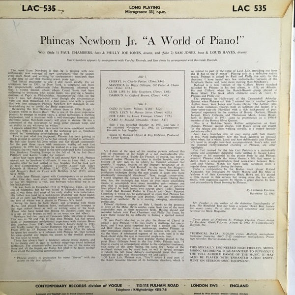 Image of Back Cover of LP - VG+/EX - PHINEAS NEWBORN JR., A World Of Piano ! (Contemporary Records ; LAC 535, UK 1962, Laminated Flipback Sleeve, Mono), Nice Copy, Stamp On Rear Sleeve,  - 2826189E
