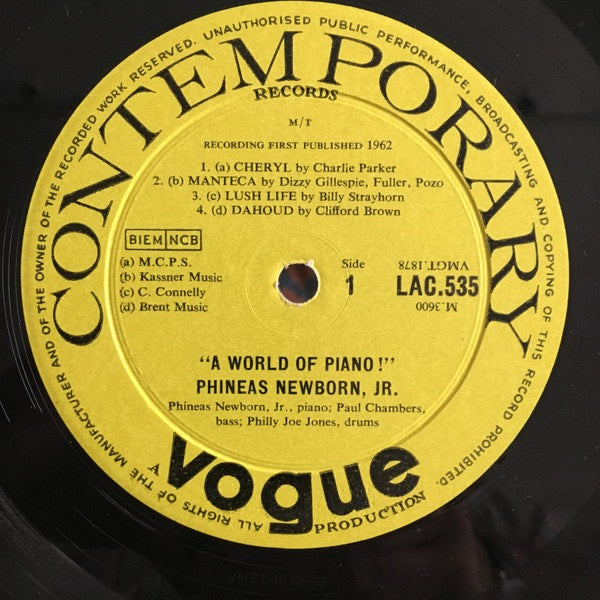 Image of Label Cover of LP - VG+/EX - PHINEAS NEWBORN JR., A World Of Piano ! (Contemporary Records ; LAC 535, UK 1962, Laminated Flipback Sleeve, Mono), Nice Copy, Stamp On Rear Sleeve,  - 2826189E