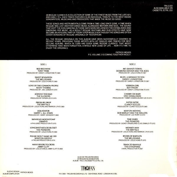 Image of Back Cover of LP - VG/VG+ - VARIOUS ARTISTS, 20 Reggae Classics (Trojan Records (Blue Label); TRLS 222, UK 1984), With hype sticker, ring wear,  - 4246028S