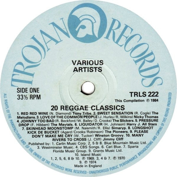 Image of Label Cover of LP - VG/VG+ - VARIOUS ARTISTS, 20 Reggae Classics (Trojan Records (Blue Label); TRLS 222, UK 1984), With hype sticker, ring wear,  - 4246028S