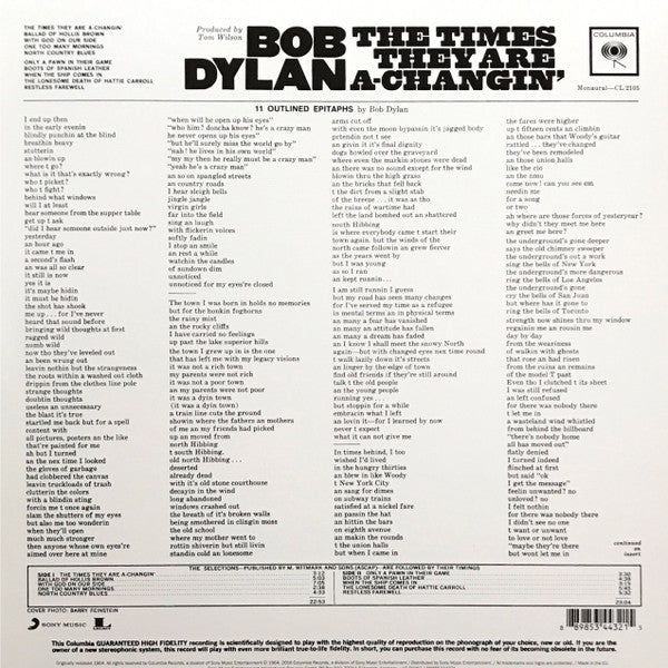 Image of Back Cover of LP - NEW/NEW - BOB DYLAN, The Times They Are A-Changin' (Columbia ; 88985344321, Europe 2016 Reissue, Insert, Mono, 180g Vinyl), ,  - 5115194C