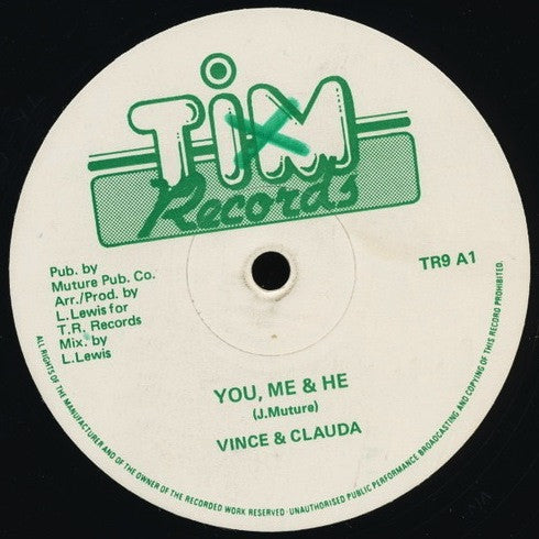 Image of Front Cover of 12" - /VG - VINCENT TAYLOR & CLAUDA / ONE MAN BAND, You, Me & He / Me & He (Tim Records; TR9, UK 1980s, Company Sleeve), Strong VG,  - 4446063S