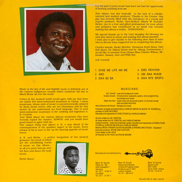 Image of Back Cover of 3644023S: LP - A.B. CRENTSIL'S AHENFO BAND, Gyae Me Life Ma Me (Black M Sounds ; BMS 352, Germany 1992, Inner) Hairlines. Edge wear and slight creasing.  VG/VG