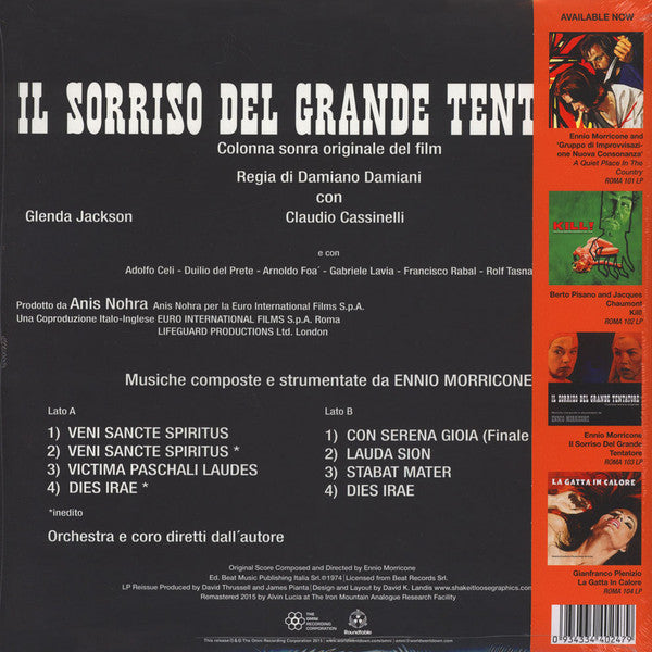 Image of Back Cover of LP - EX/VG+ - ENNIO MORRICONE, Il Sorriso Del Grande Tentatore (The Roundtable; ROMA103, Australia 2015 Reissue, Gatefold & Obi, 180 Gram Vinyl), ,  - 1826489E