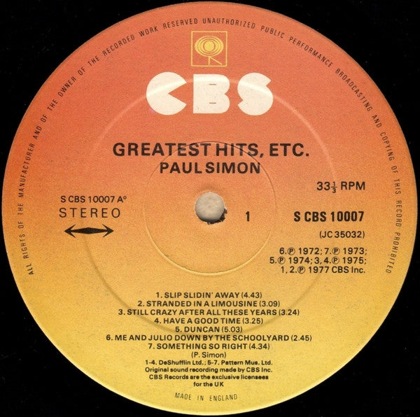 Image of Label Cover of 5114283C: LP - PAUL SIMON, Greatest Hits, Etc. (CBS ; CBS 10007, UK 1977, Gatefold, Inner, "Made In England" At Bottom Of Label.)   VG/VG+