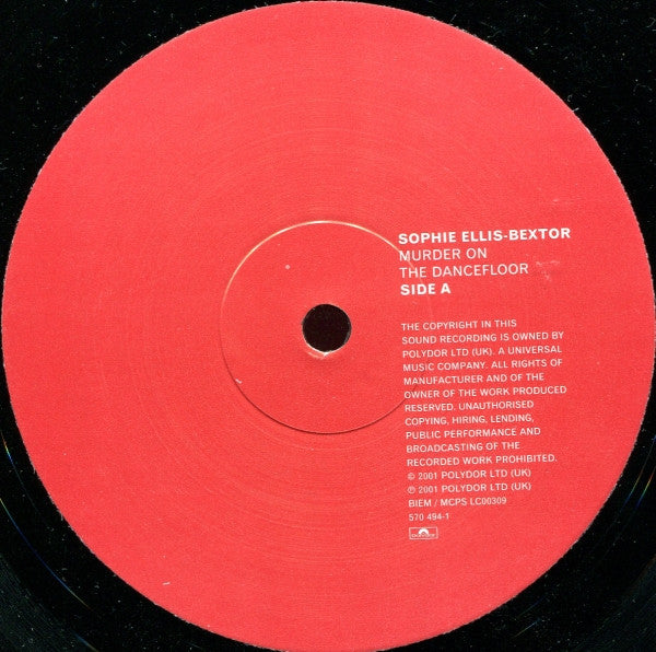 Image of Label Cover of 12" - VG+/VG+ - SOPHIE ELLIS BEXTOR, Murder On The Dancefloor (Polydor ; 570 494-1, Europe 2001, Picture Sleeve), Minor shelf wear to sleeve, very light impresion of mailing card (included) on side 2 but it's cosmetic.,  - 2916163C